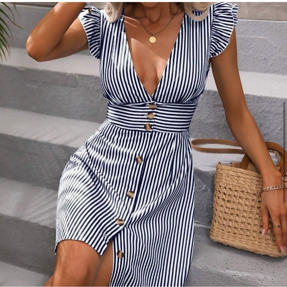 Navy Blue Boho Womens Striped Print Plunging Neck Ruffle Trim Button Front Dre…